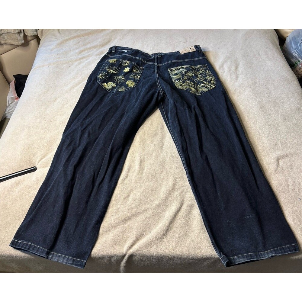 Raw Blue Denim Jeans Money Diamonds Graphic Embroidered Pockets Mens Size 42x34